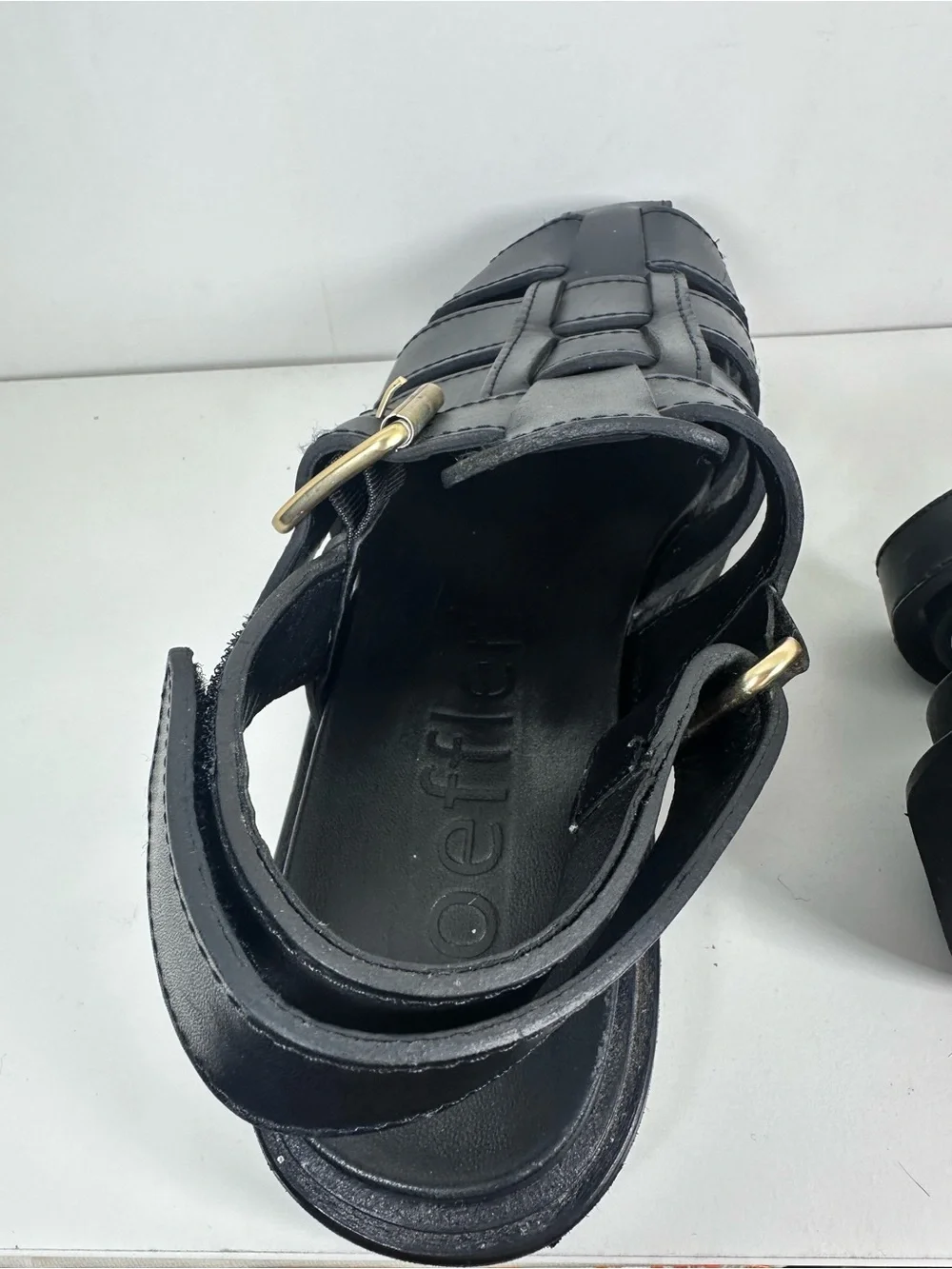 Loeffler Randall Black Leather Platform Fisherman Sandals with Gold Buckles - Picture 8 of 10